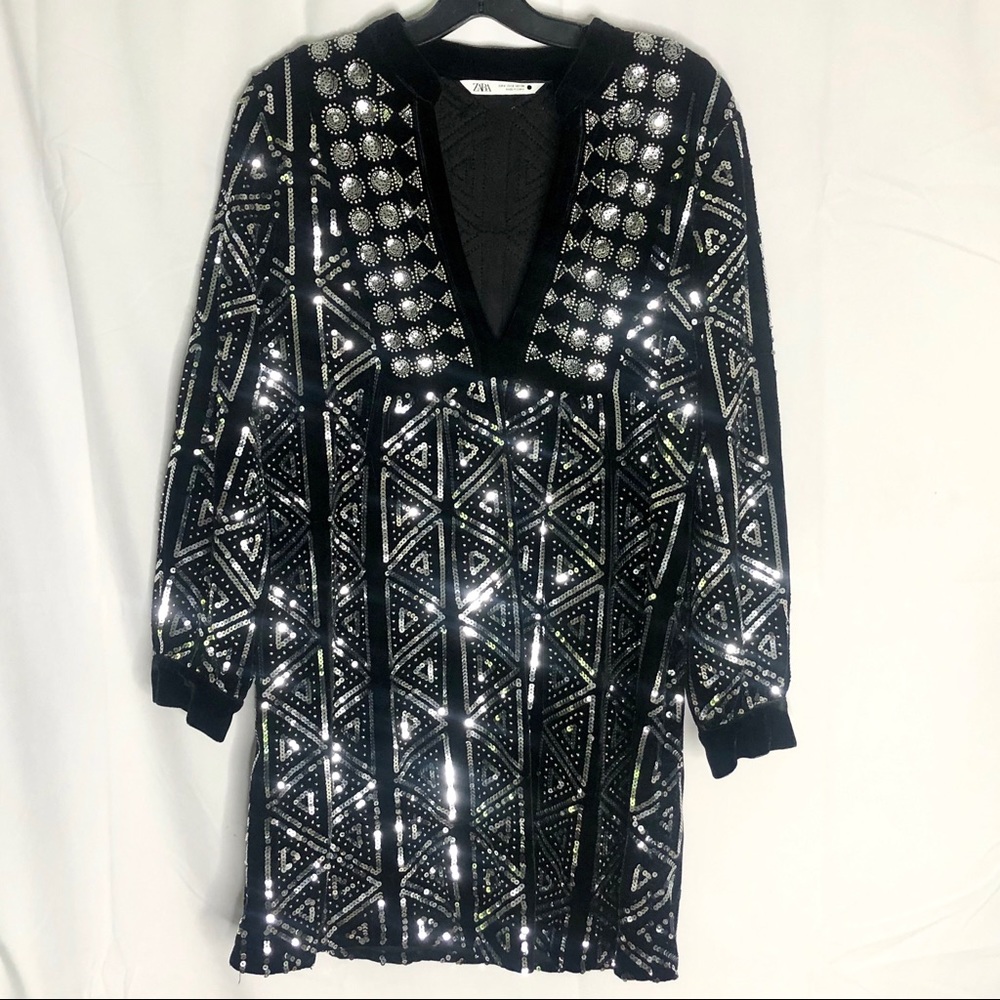 Zara Black Long Sleeve Silver Sequins Mini Dress